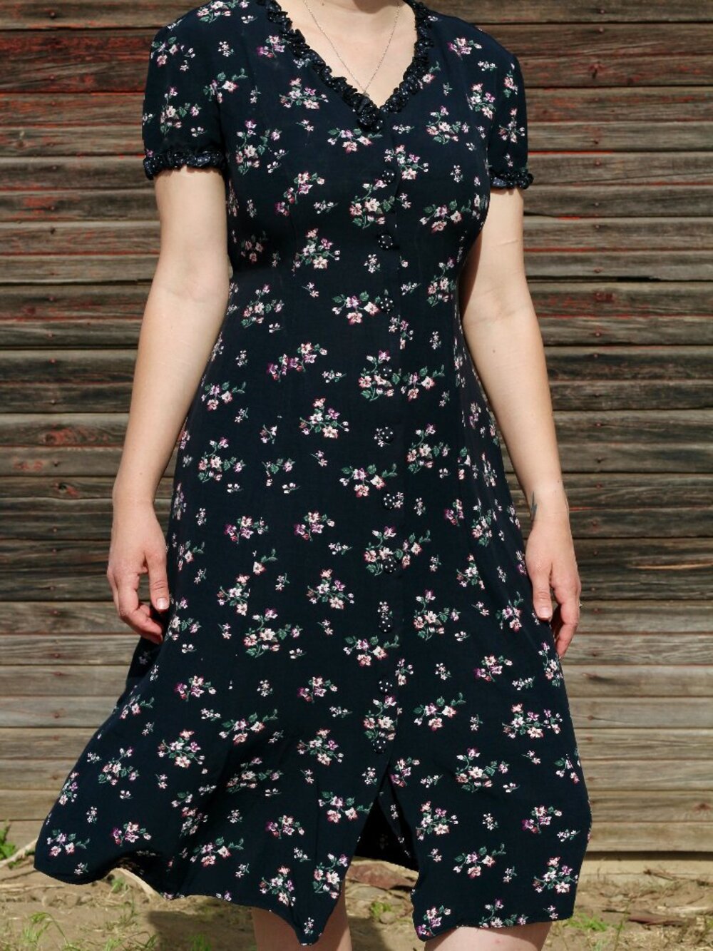 Vintage E.D. Michaels Victorian Dress - Black with Floral Pattern Button Up
